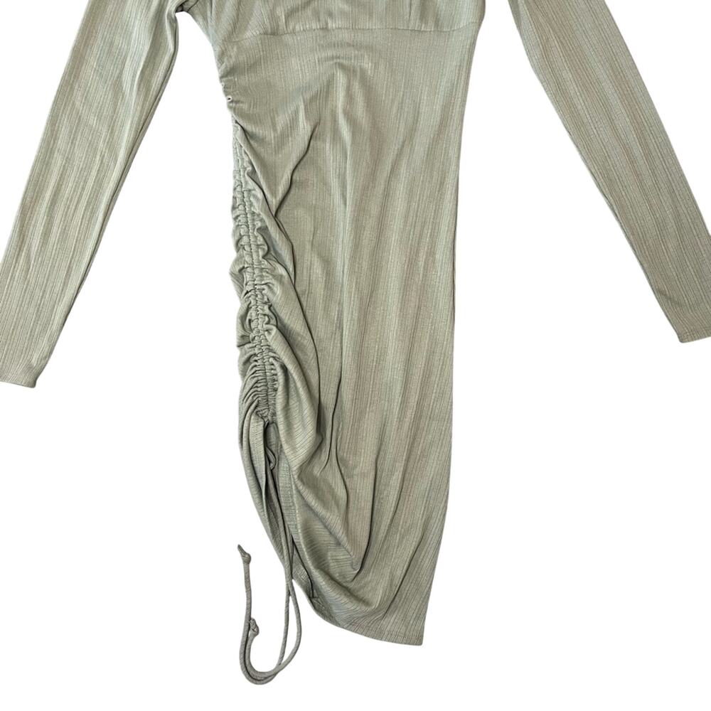 Forever 21 Sage Green Ruched Side Tie Mini Dress Long Sleeve Sz Small Minimalist - Picture 6 of 12